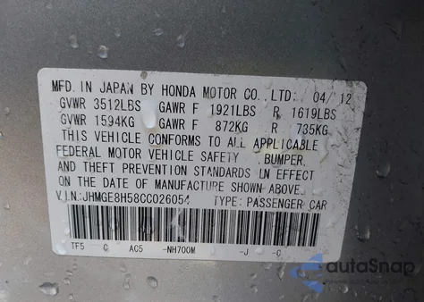 2012 Honda Fit Sport from USA, damaged, VIN JHMGE8H58CC026054